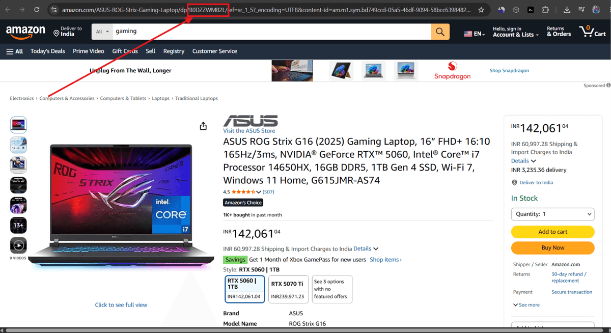 Amazon ASIN visible in the product page URL structure