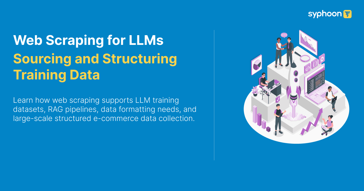 Web scraping for LLM training showing data flowing from web collection through cleaning and formatting into pre-training and RAG knowledge base stages